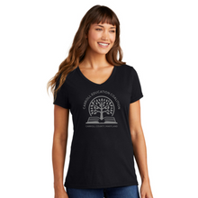 Load image into Gallery viewer, Carroll education coalition- black ladie's fit vneck tee  with gray design
