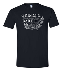 Load image into Gallery viewer, Grimm &amp; Bare It- black unisex tee- white floral
