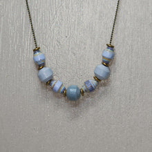 Load image into Gallery viewer, Light Blue and Grey Paper Bead Antiqued Brass Tiny Ball Chain Necklace - 17" w/ 2" chain extender
