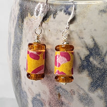Load image into Gallery viewer, Cheetah Print Pink &amp; Yellow Paper Bead Earrings - 1-1/2" drop
